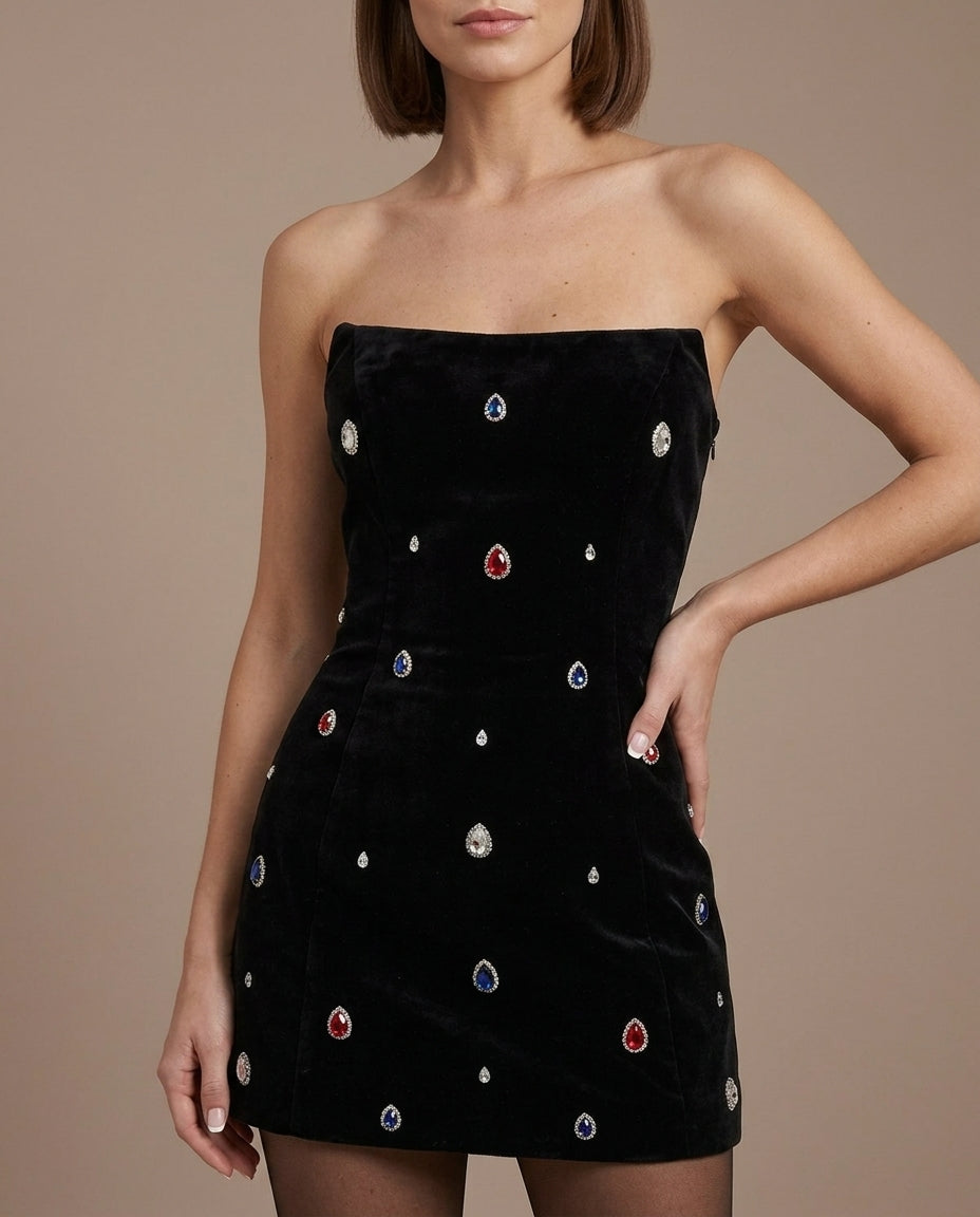 Robe Noire mini à Strass Sans Manches
