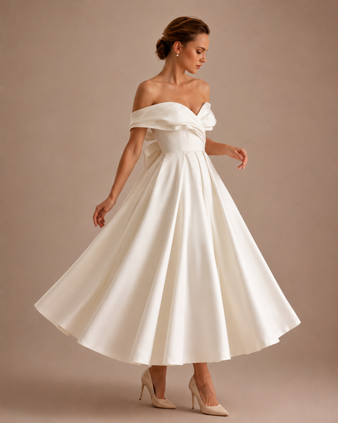 Robe Midi de Mariée Épaules Dénudées à Nœud, Preencess