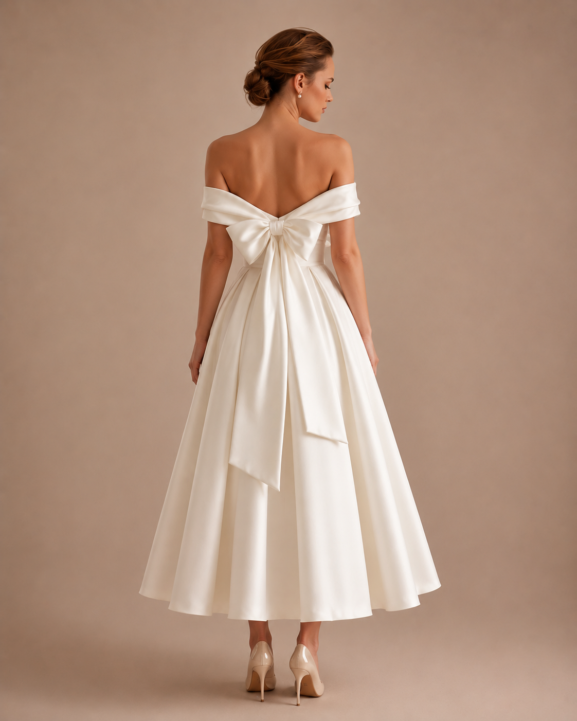 Robe Midi de Mariée Épaules Dénudées à Nœud, Preencess