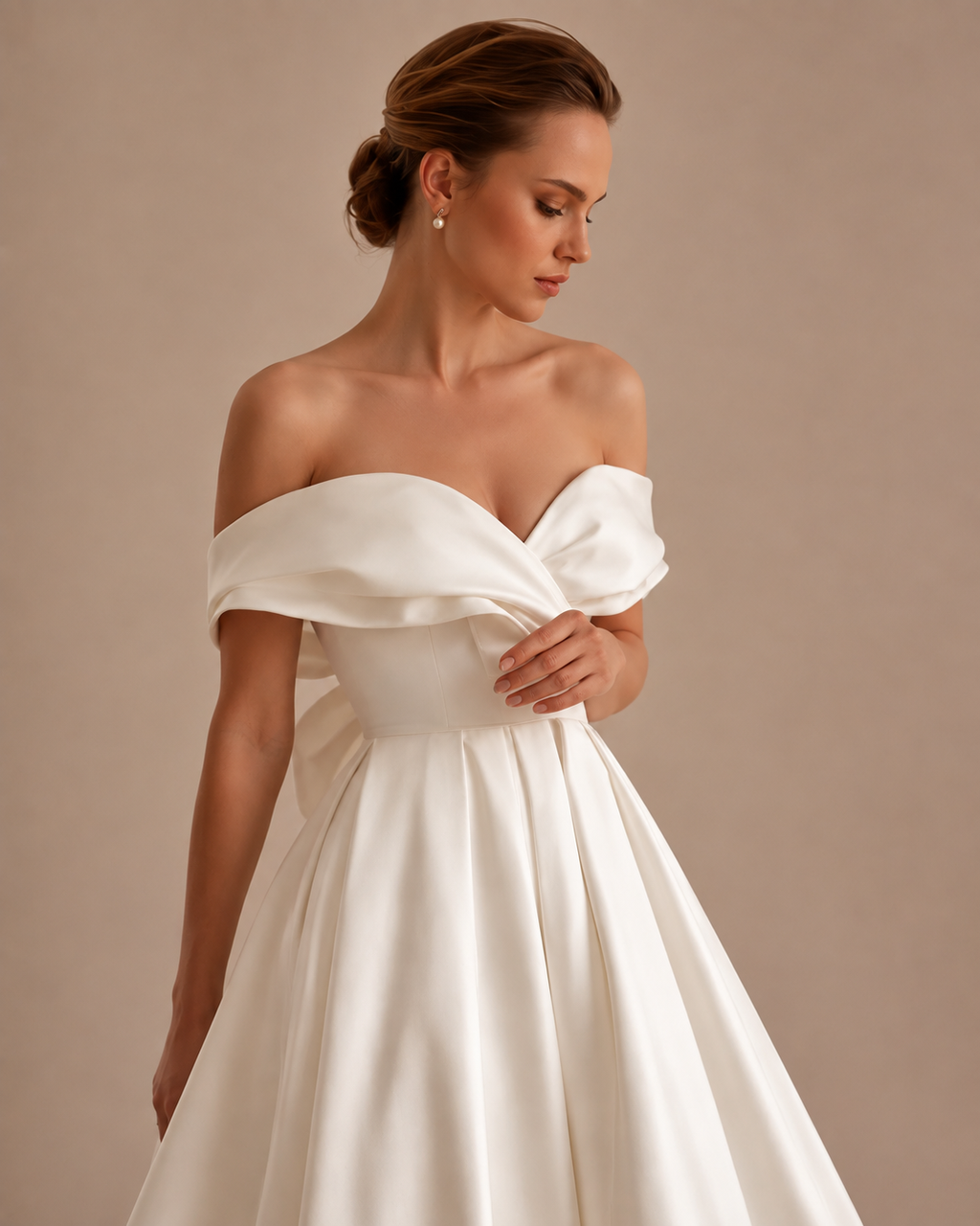 Robe Midi de Mariée Épaules Dénudées à Nœud, Preencess
