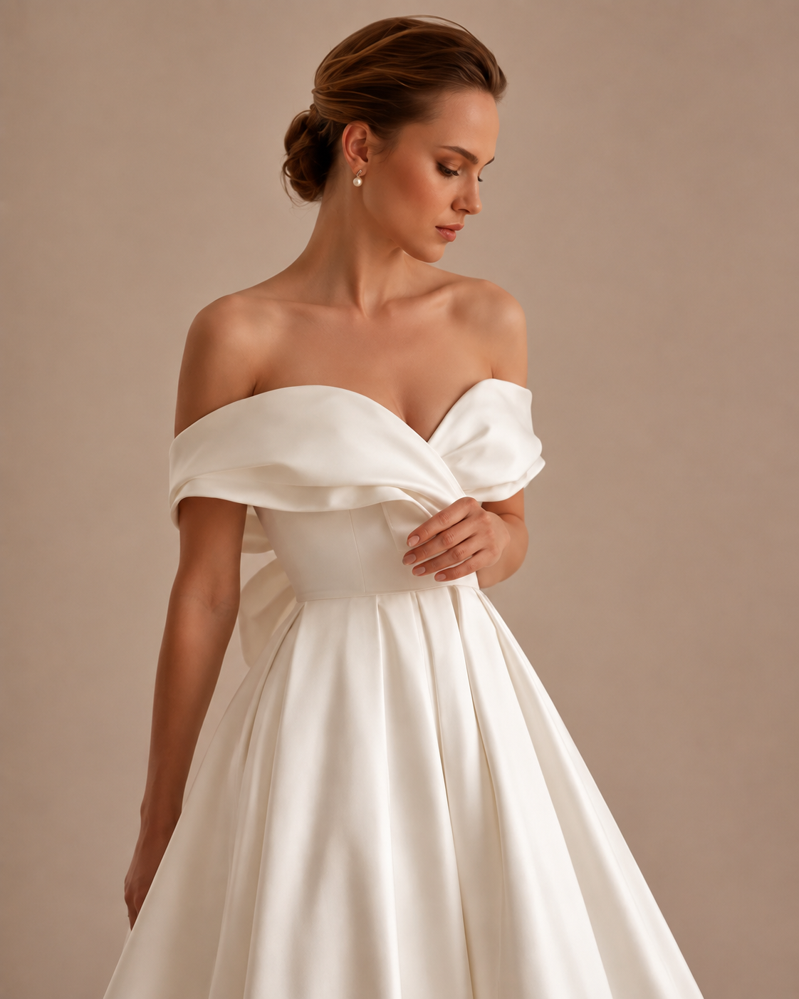 Robe Midi de Mariée Épaules Dénudées à Nœud, Preencess