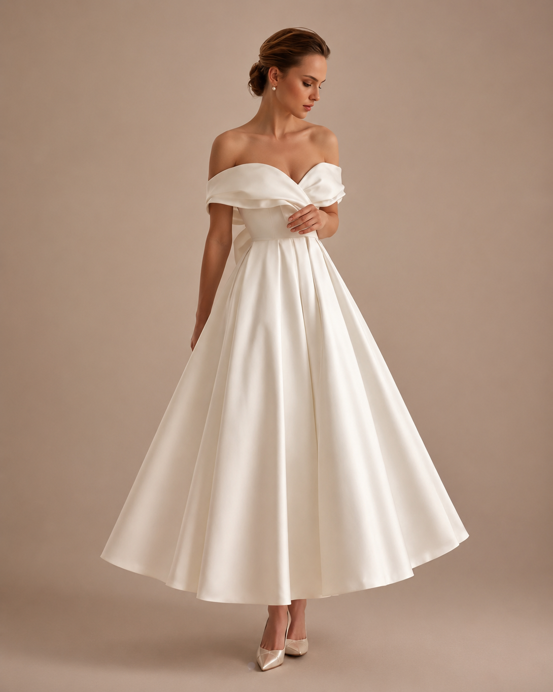 Robe Midi de Mariée Épaules Dénudées à Nœud, Preencess