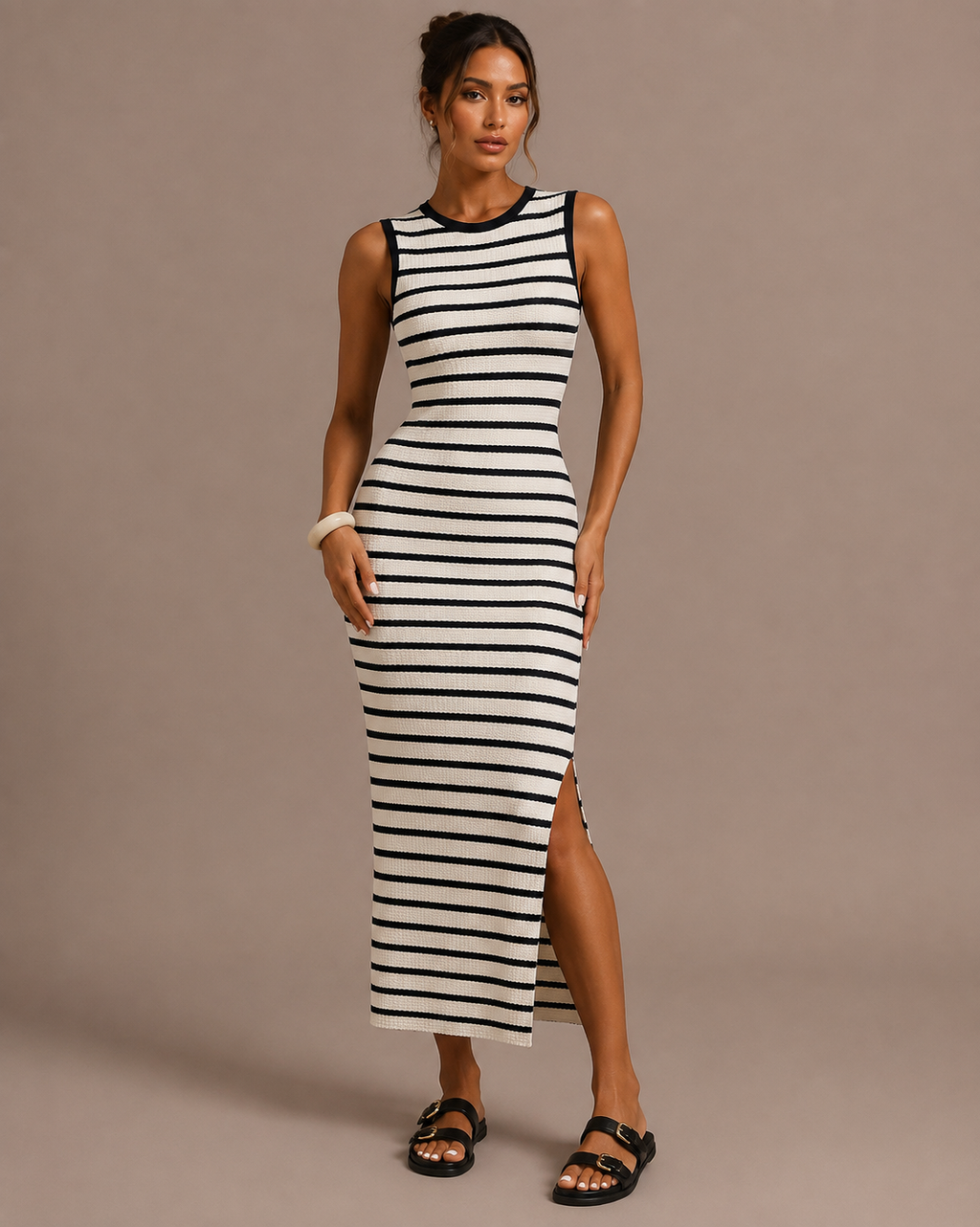 Robe Midi en Maille Rayée Sans Manches, Preencess