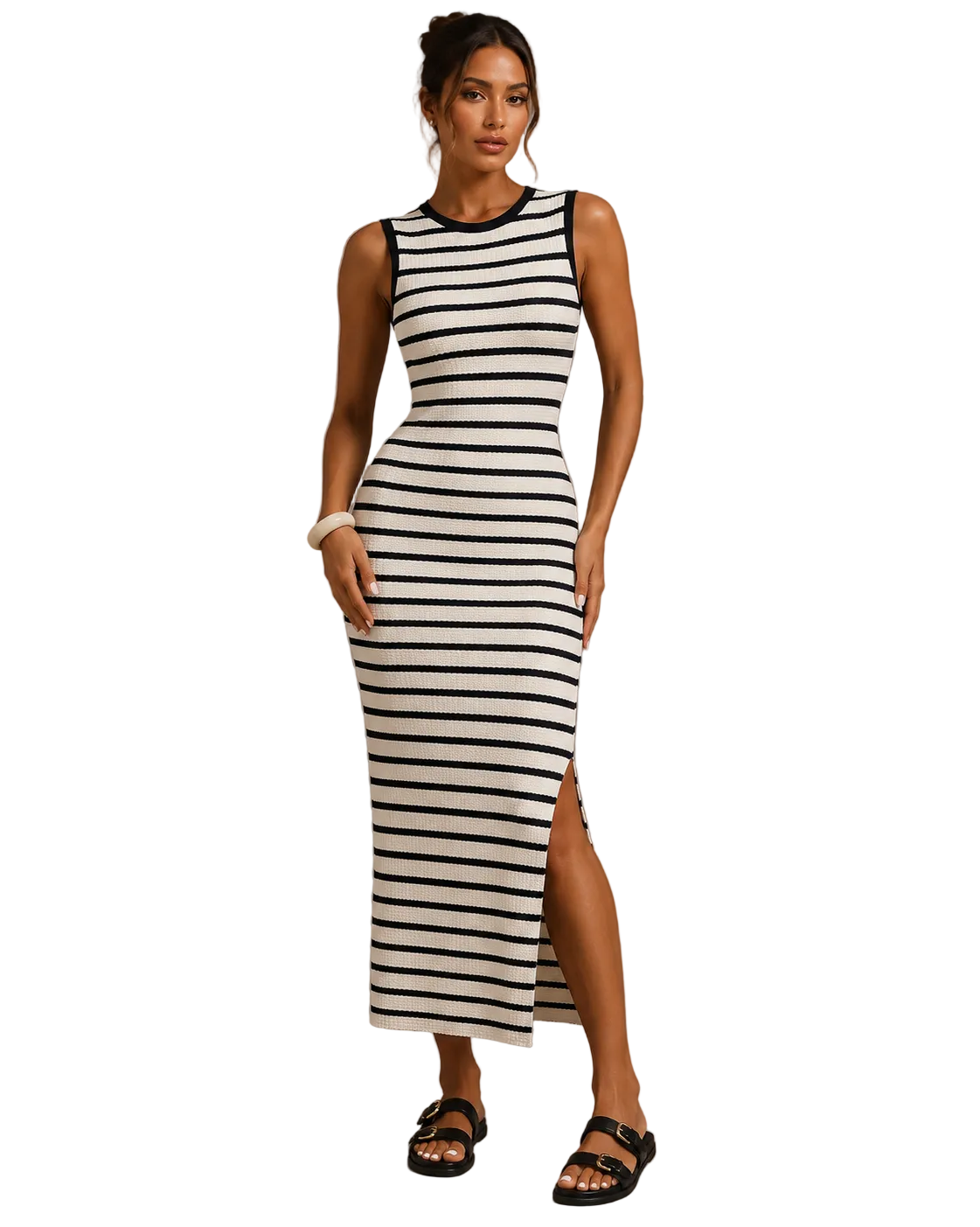Robe Midi en Maille Rayée Sans Manches, Preencess