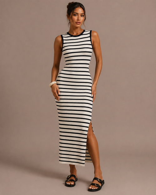 Robe Midi en Maille Rayée Sans Manches, Preencess