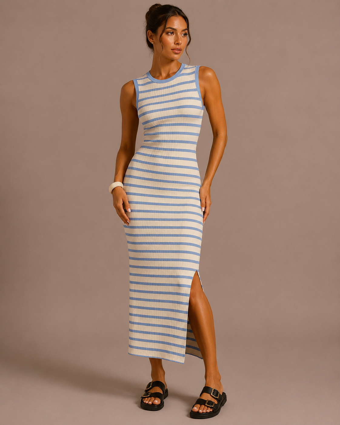 Robe Midi en Maille Rayée Sans Manches, Preencess