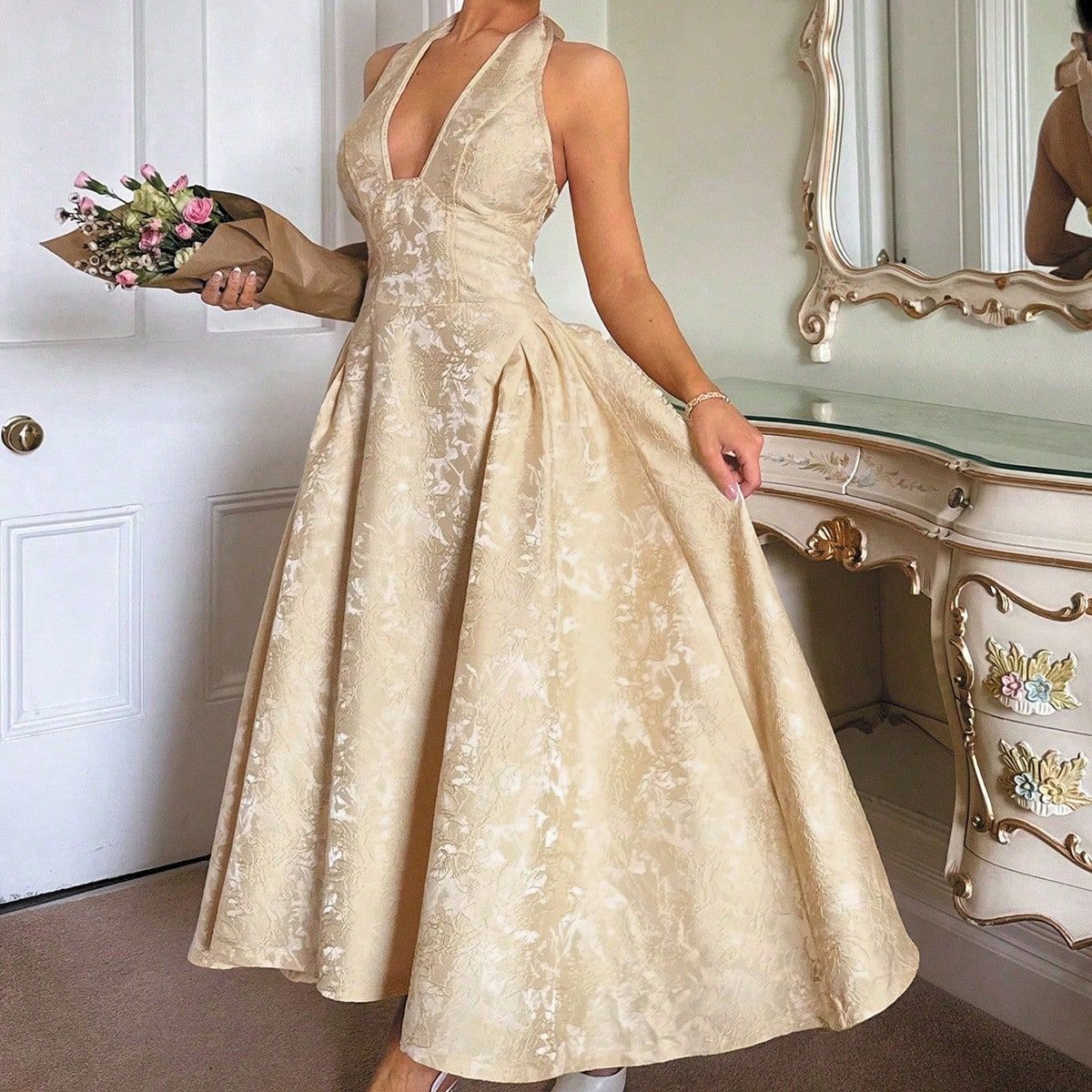 Robe de soirée longue en jacquard col licou