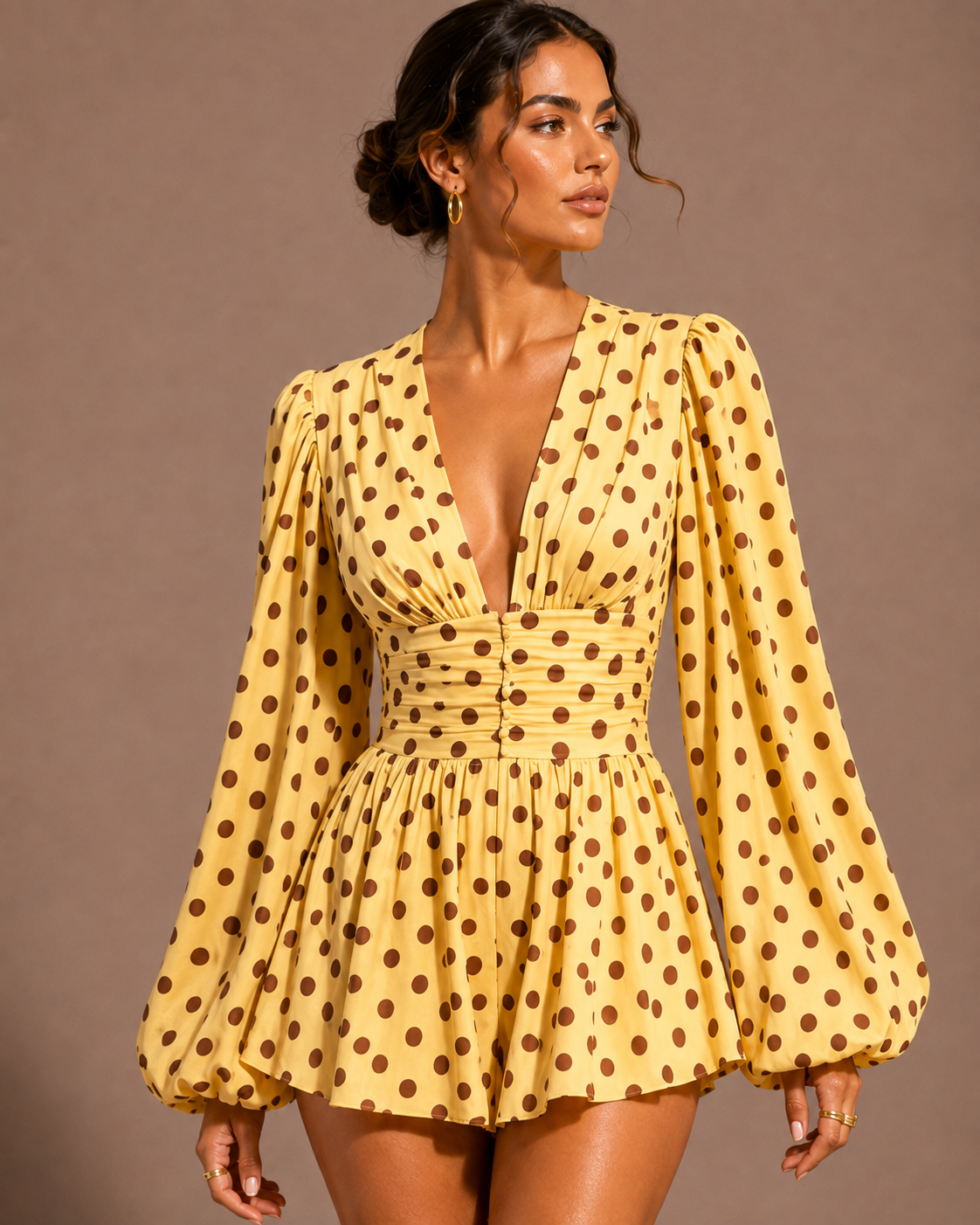 Robe Mini à Pois Col V Manches Ballon, Preencess