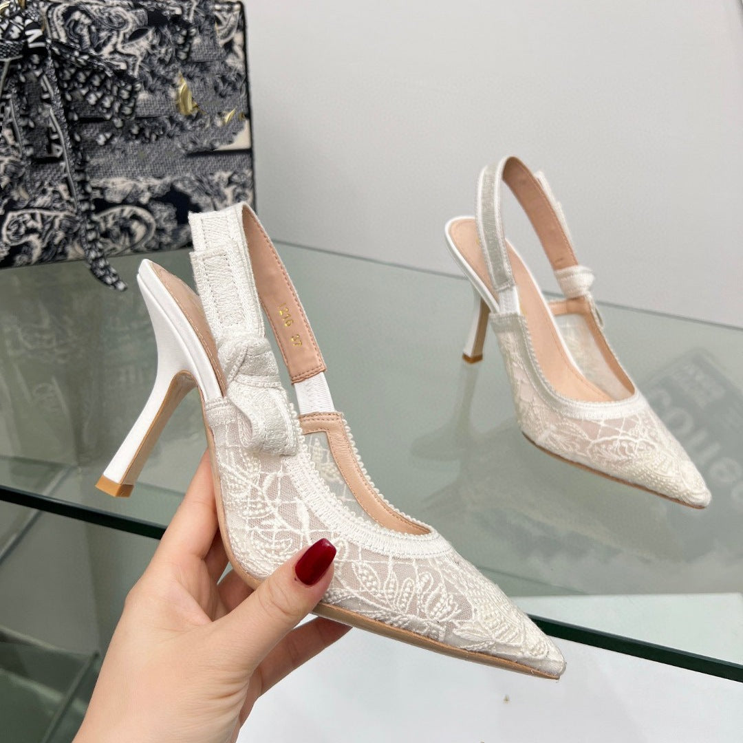 Lace Mesh Pointed Heeled Women Sandals