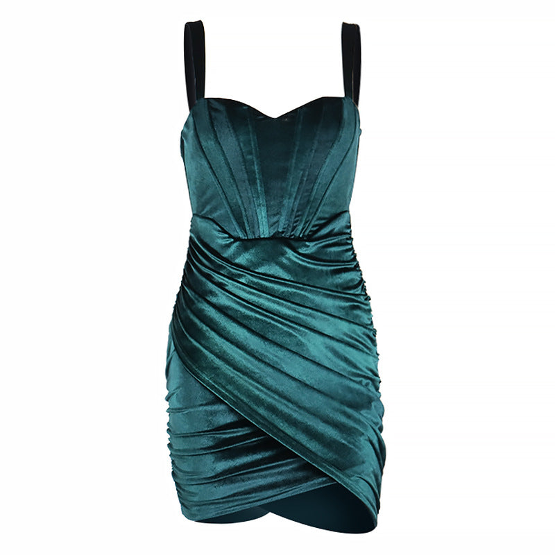 Robe moulante en velours plissée dos nu