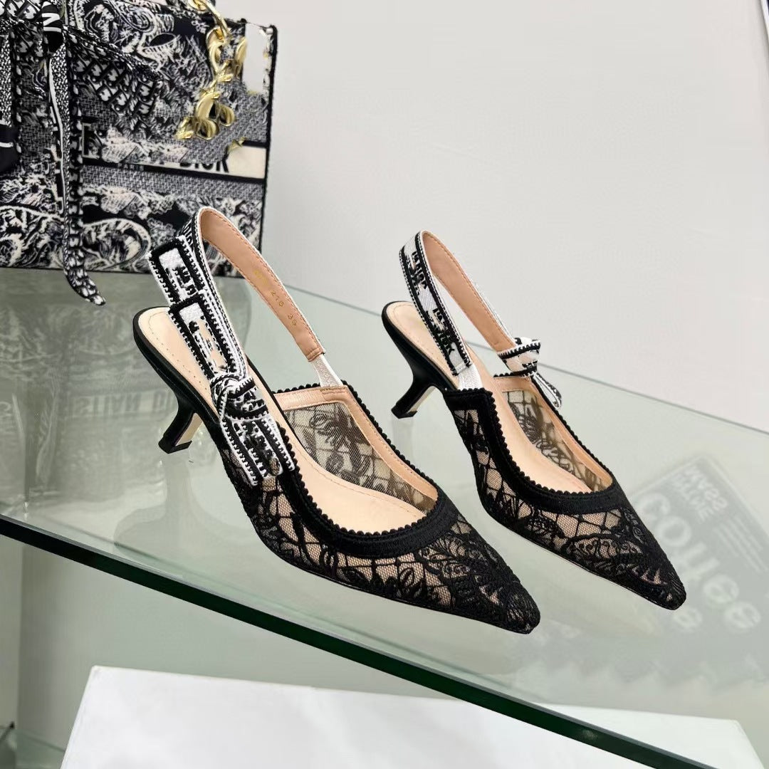 Lace Mesh Pointed Heeled Women Sandals