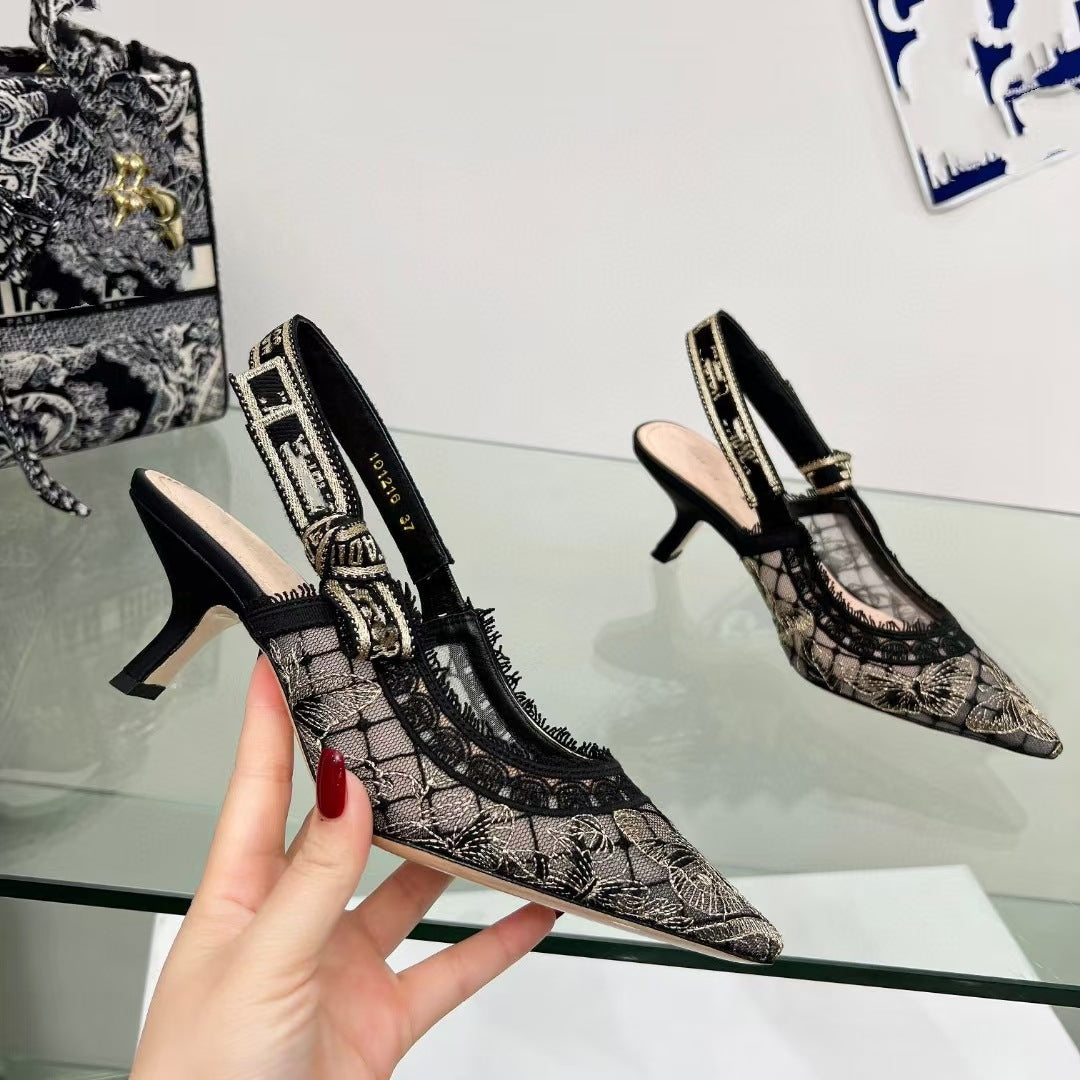 Lace Mesh Pointed Heeled Women Sandals