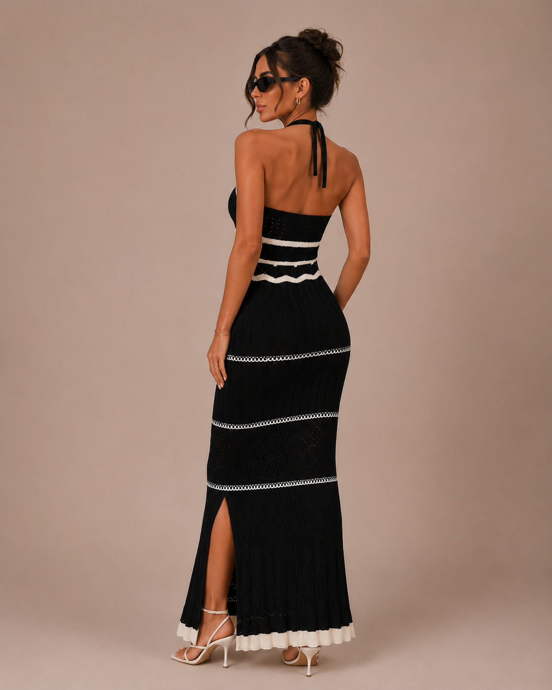 Robe Longue en Maille Rayée Épaules Dénudées, Preencess
