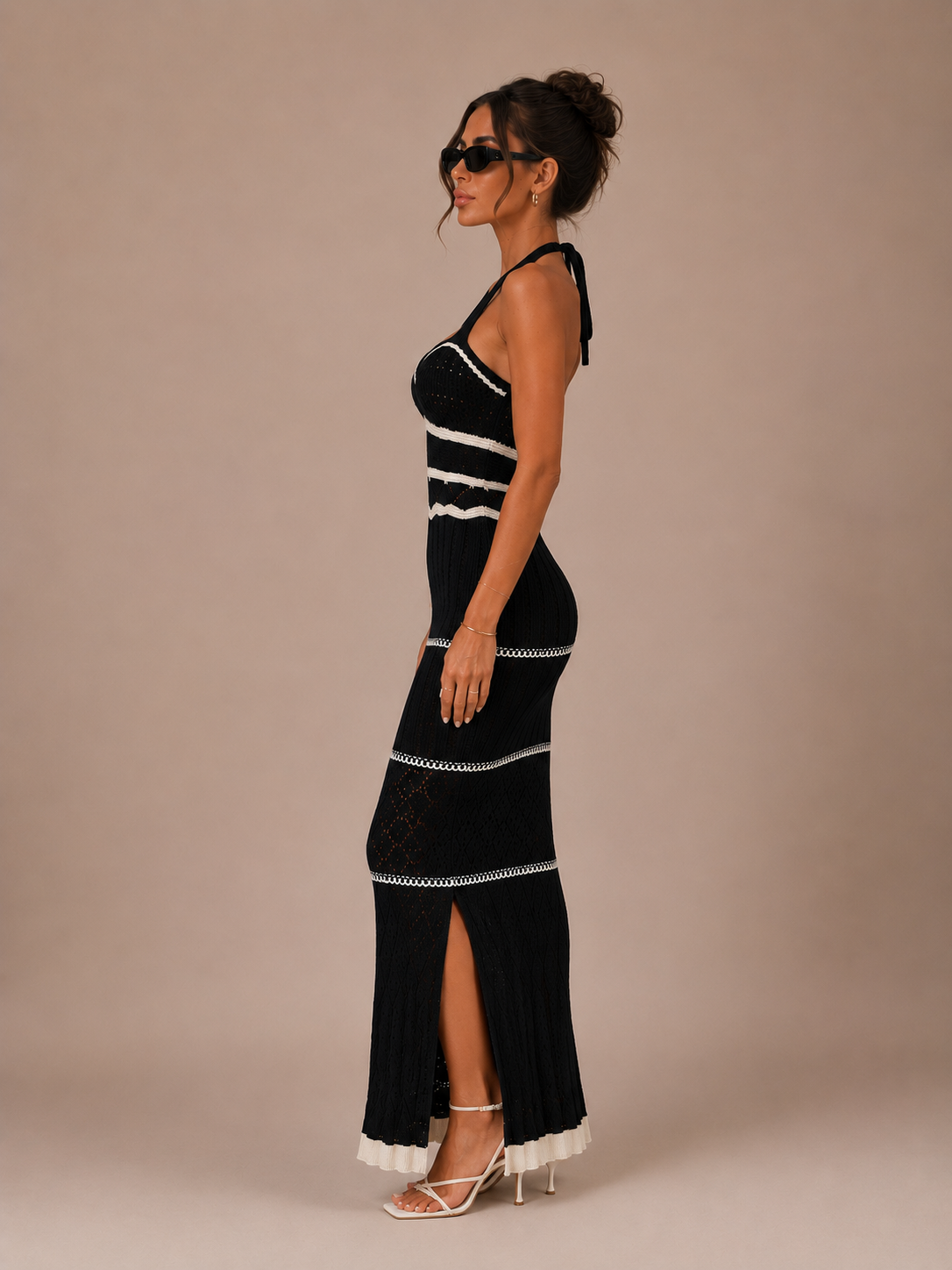 Robe Longue en Maille Rayée Épaules Dénudées, Preencess