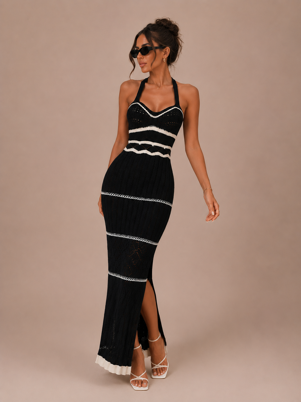 Robe Longue en Maille Rayée Épaules Dénudées, Preencess