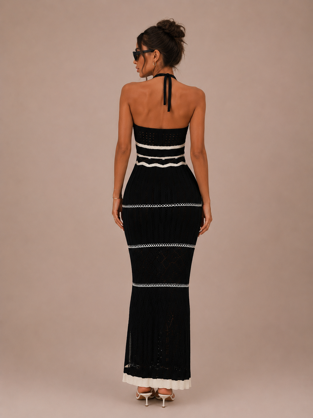 Robe Longue en Maille Rayée Épaules Dénudées, Preencess