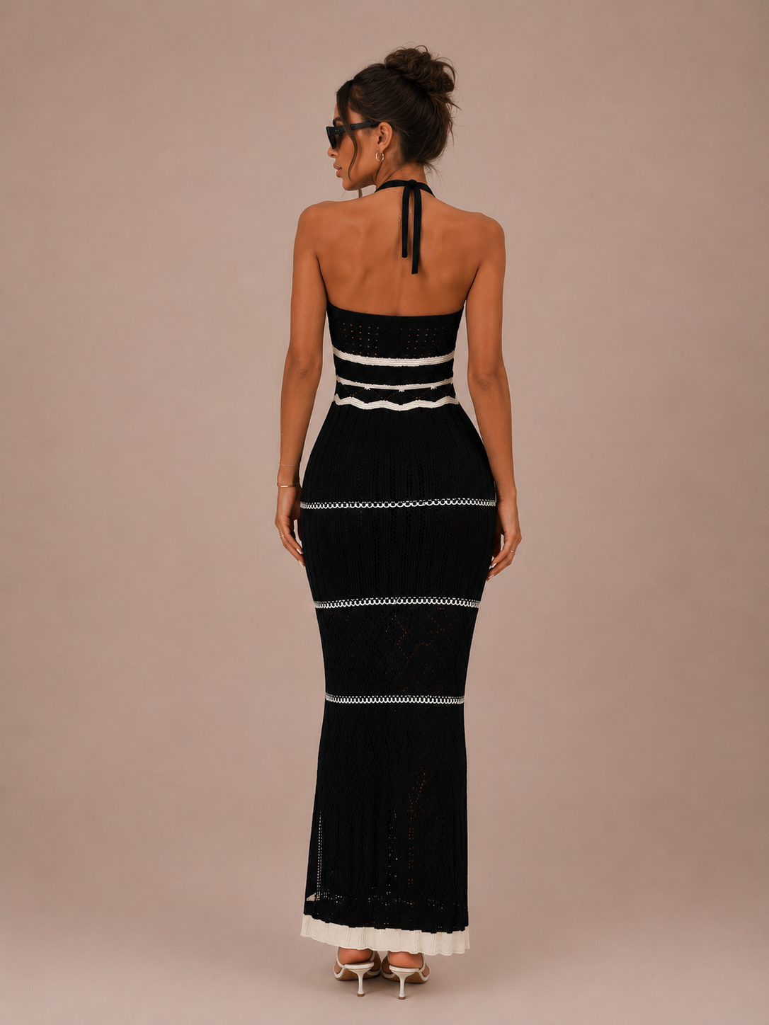 Robe Longue en Maille Rayée Épaules Dénudées, Preencess