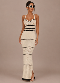 Robe Longue en Maille Rayée Épaules Dénudées, Preencess