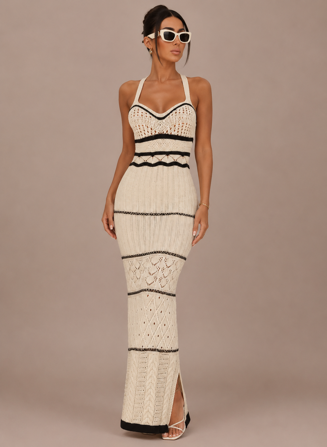 Robe Longue en Maille Rayée Épaules Dénudées, Preencess
