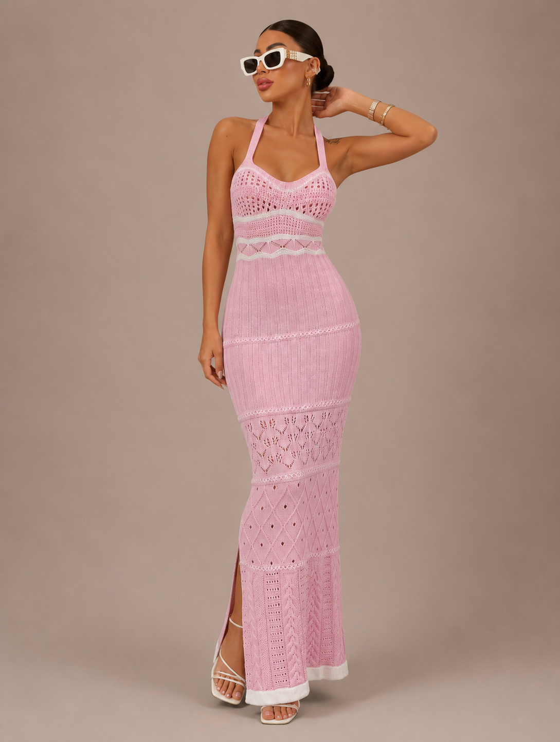 Robe Longue en Maille Rayée Épaules Dénudées, Preencess
