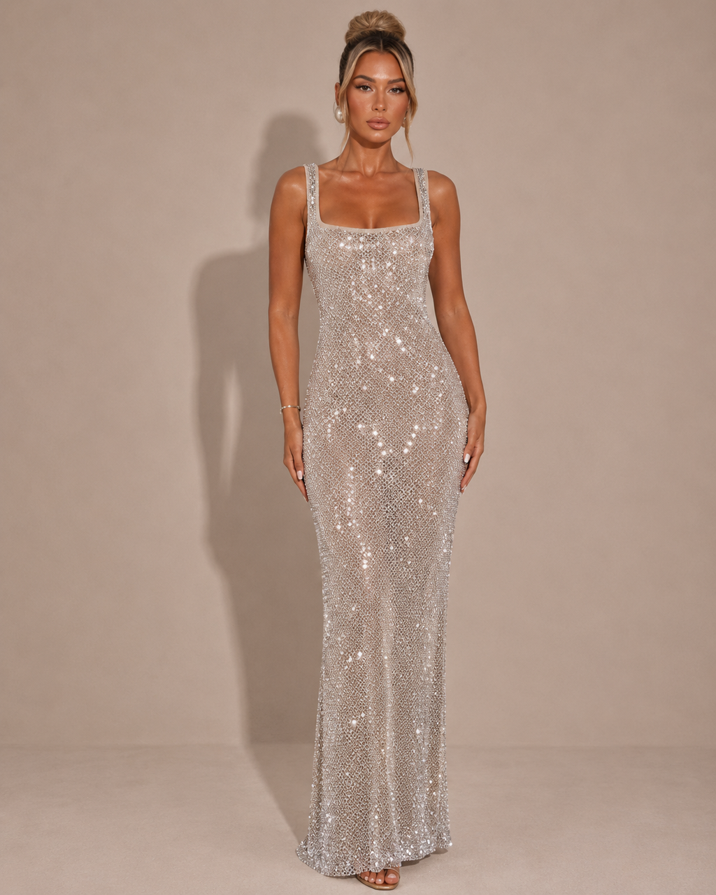 Robe Longue Moulante à Sequins et Strass Une Épaule, Preencess
