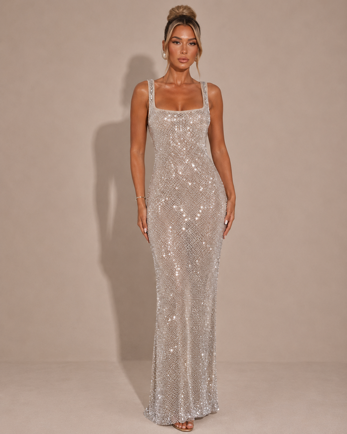 Robe Longue Moulante à Sequins et Strass Une Épaule, Preencess