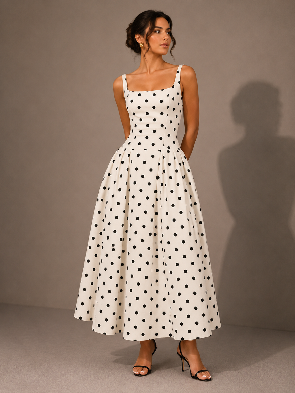 Robe Longue à Pois Rétro à Fines Bretelles, Preencess
