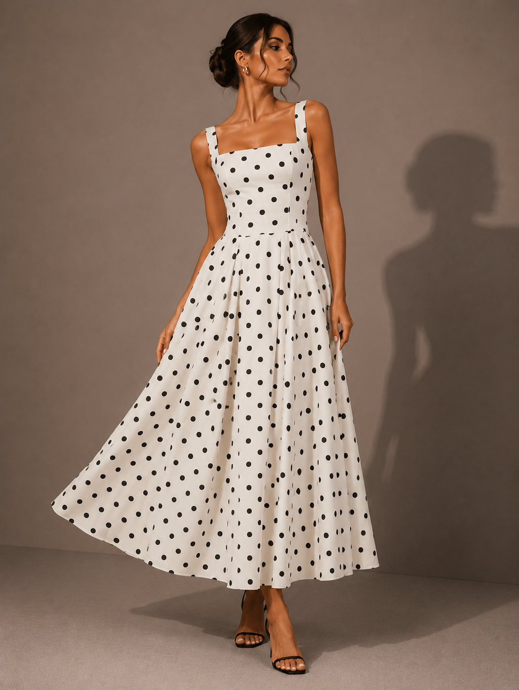 Robe Longue à Pois Rétro à Fines Bretelles, Preencess