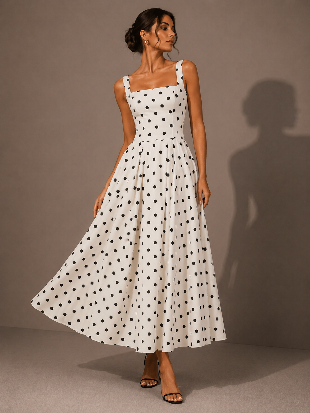 Robe Longue à Pois Rétro à Fines Bretelles, Preencess