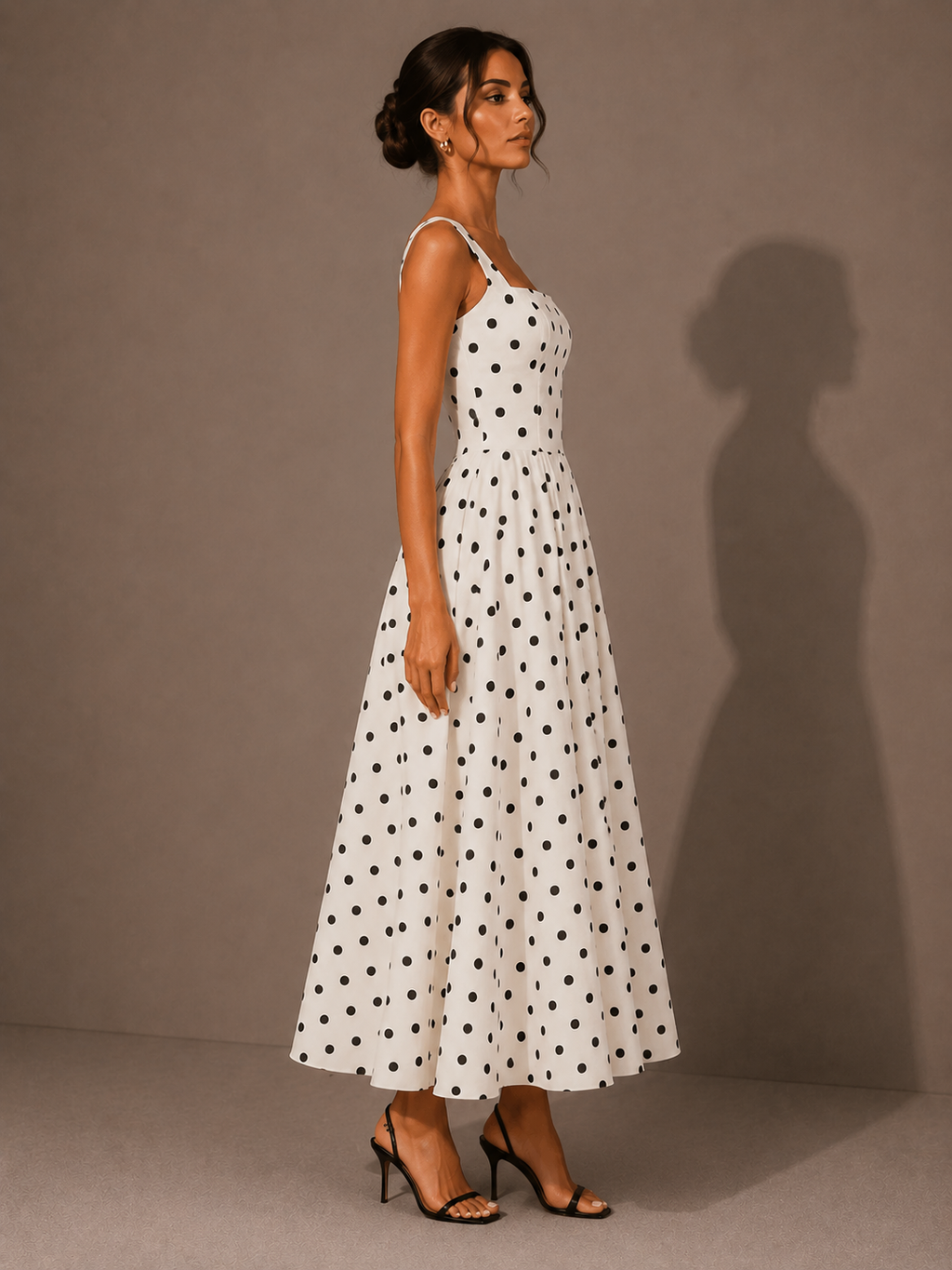 Robe Longue à Pois Rétro à Fines Bretelles, Preencess
