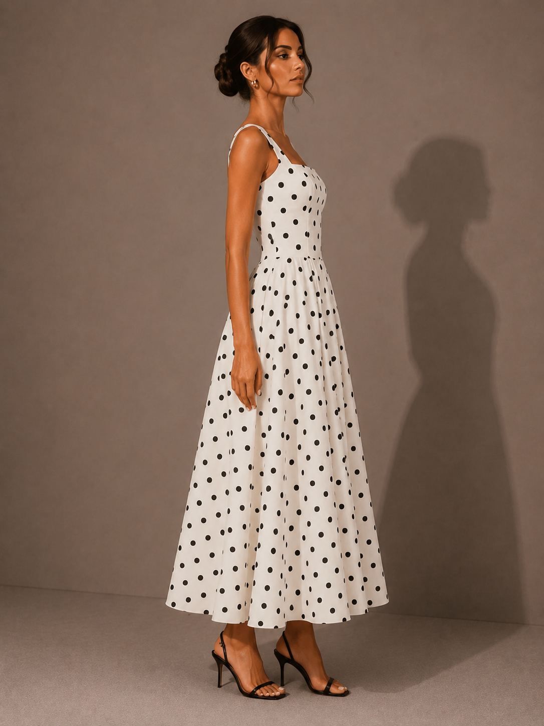 Robe Longue à Pois Rétro à Fines Bretelles, Preencess